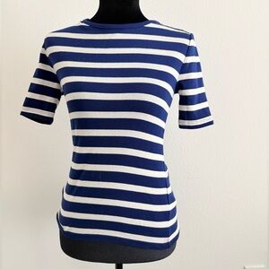 J. Crew Navy and White Striped Button-Shoulder Tee